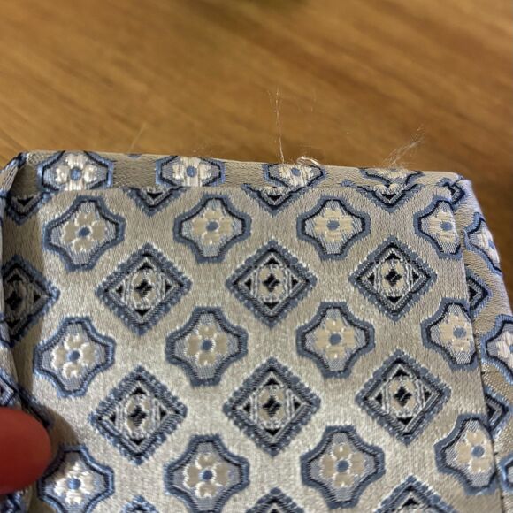 Burma Bibas Silk Tie Silver Blue Geometric Square Pattern Formal Business - Picture 8 of 8